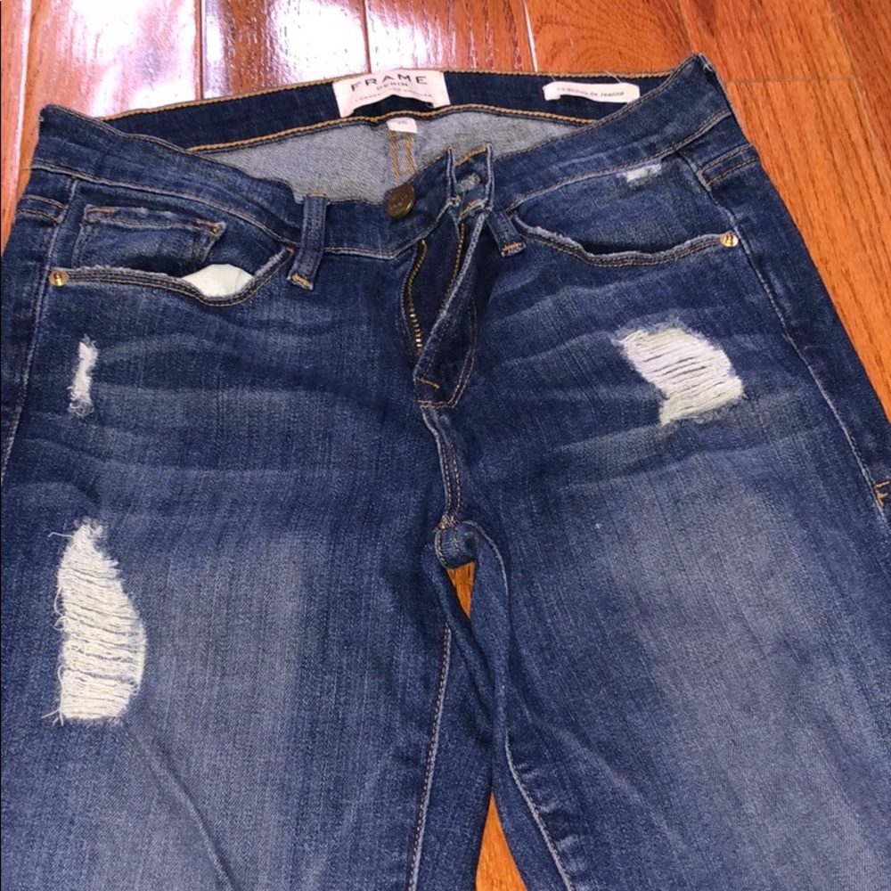 Low waisted medium wash cropped denim with rips